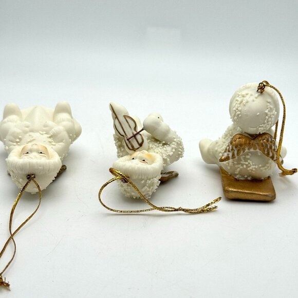 Set Of 3 Snow Baby Angel Ornaments Violinist Star Sled White Gold Christmas - Picture 9 of 11